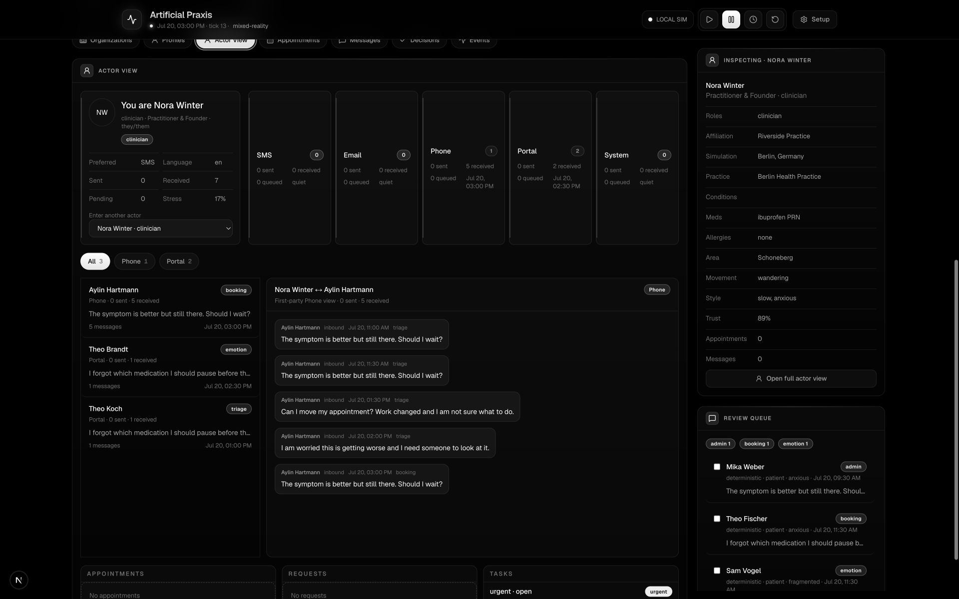 Artificial Praxis actor view showing Nora Winter's channels, customer history, messages, and review queue