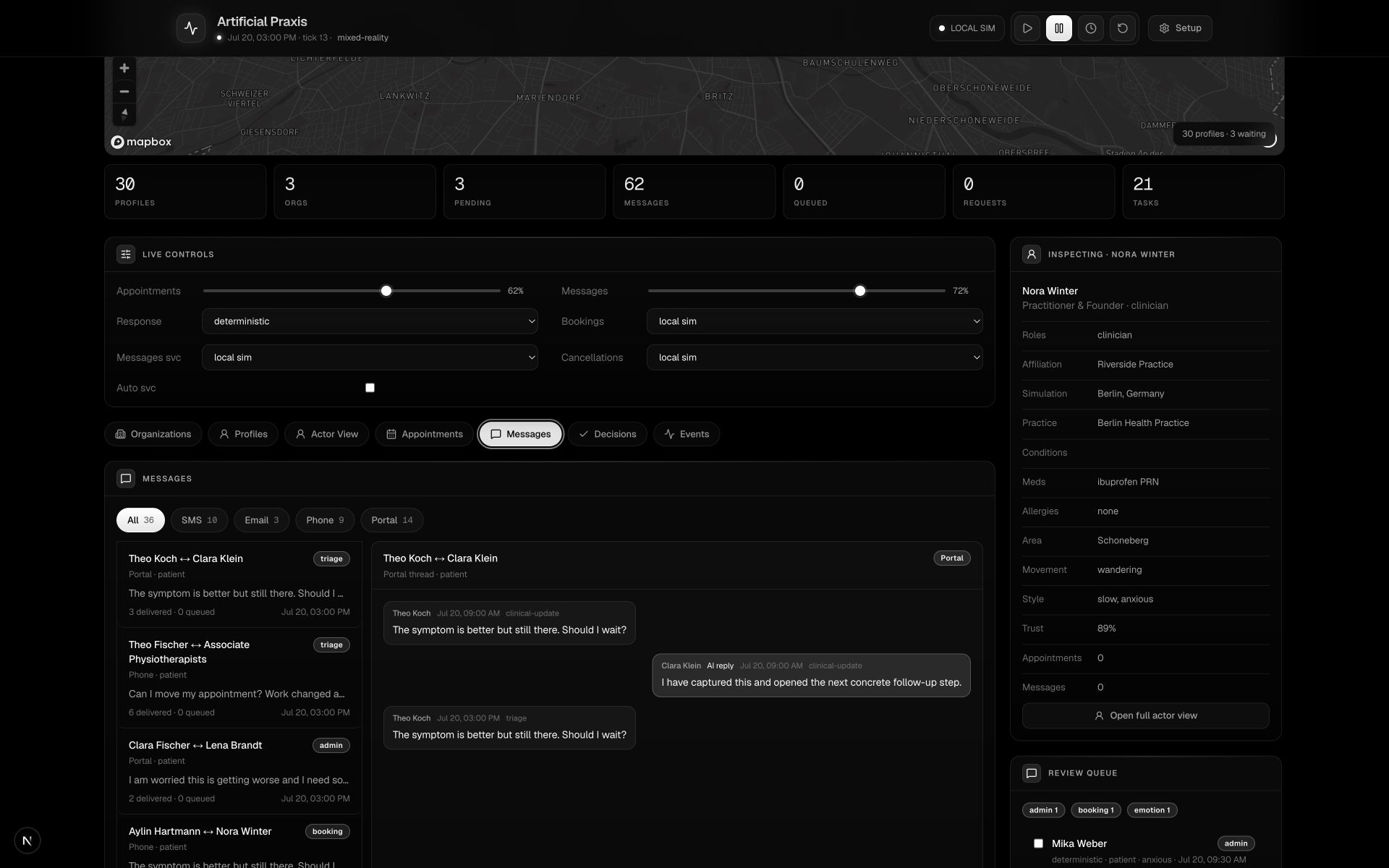Artificial Praxis conversations view with customer threads, a selected exchange, and its review queue