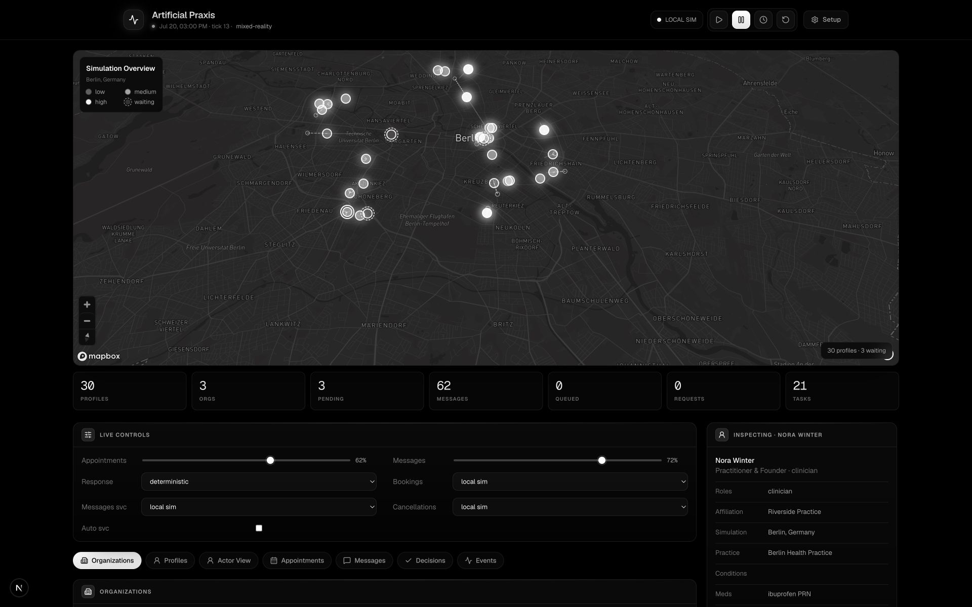 Artificial Praxis control panel showing thirty simulated people moving across a live Berlin map